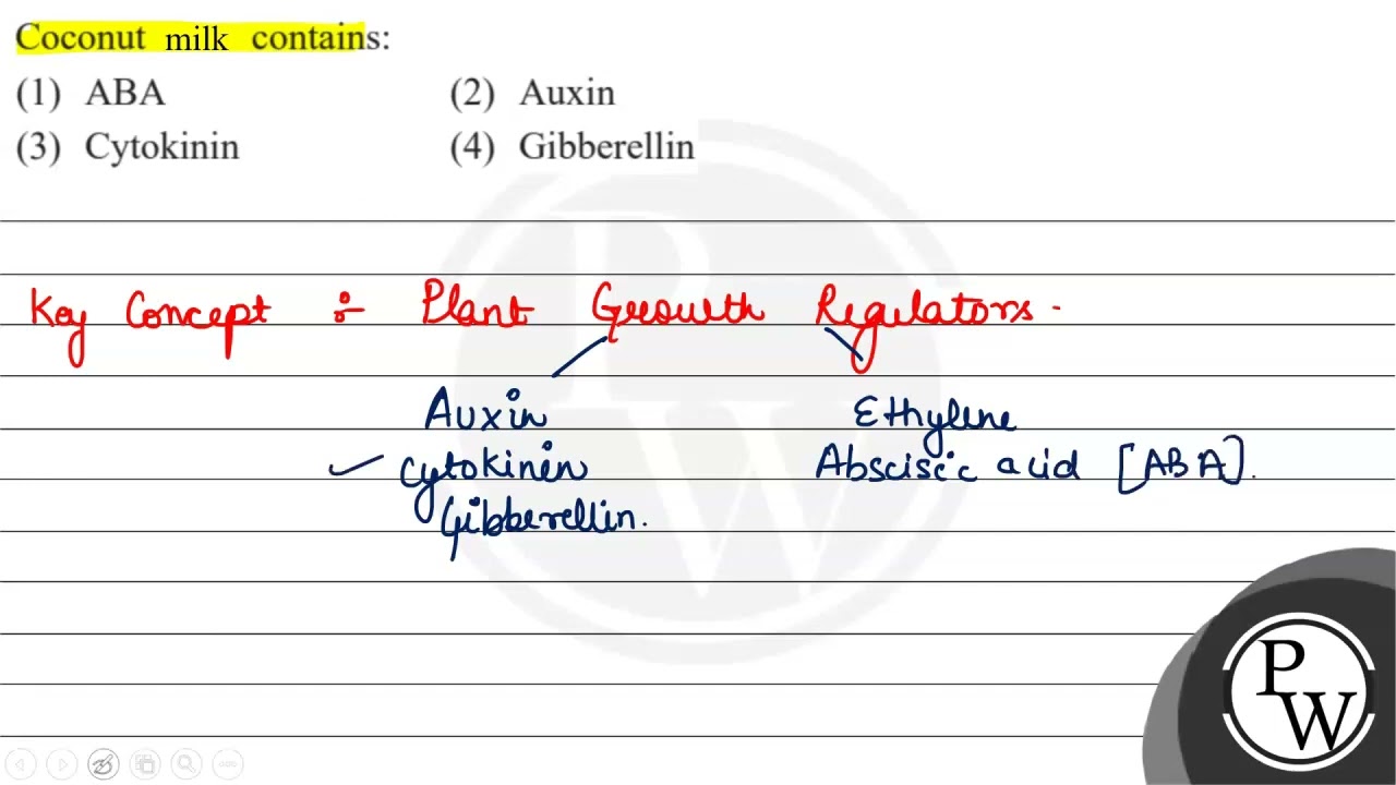 Coconut milk contains: (1) \( \mathrm{ABA} \) (2) Auxin (3) Cytokinin (4) Gibberellin