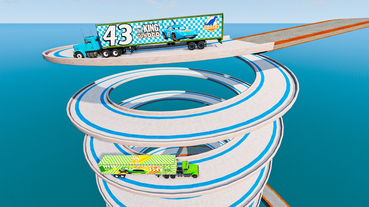 King Dinoco Truck vs Chick Hicks Truck vs Impossible Wave Bridge   BeamNG.Drive