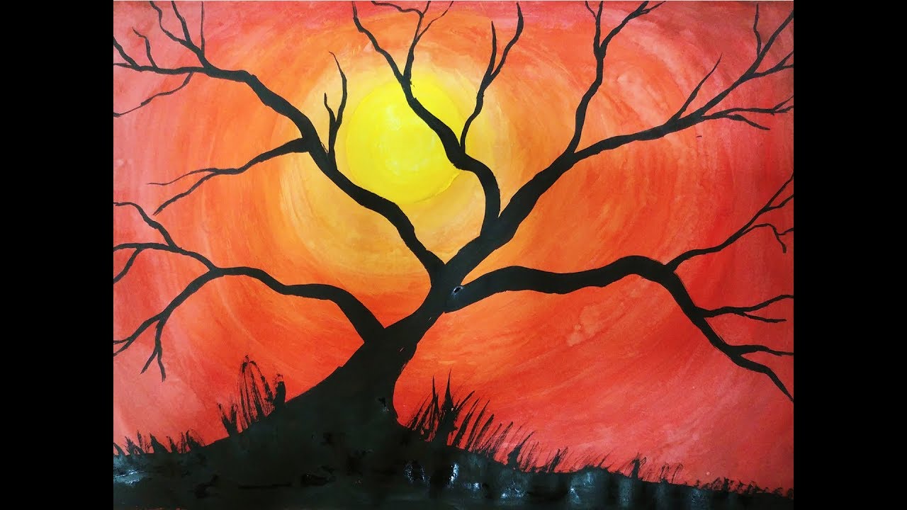 Easy Watercolor Sky and Tree Painting for Kids | Watercolor Sunset Painting