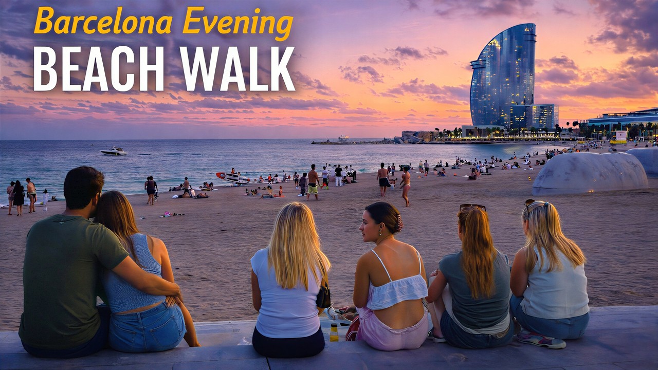 Barcelona Evening Beach Walk | Barceloneta to Port Vell at Sunset (4K)