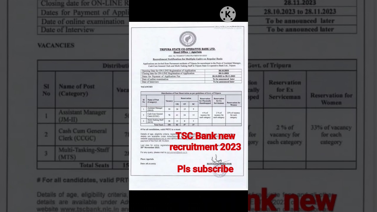 Tripura state cooperative new vacancy 2023