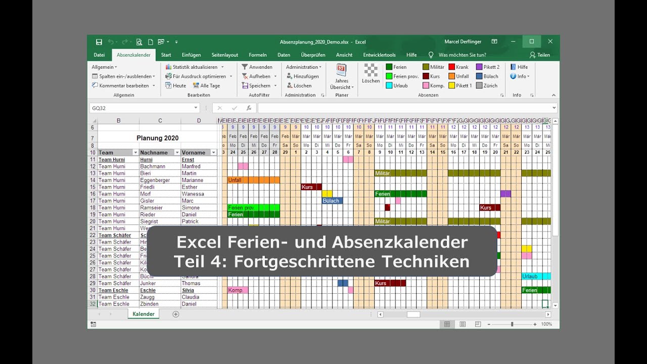 Excel Ferien- und Absenzkalender. Teil 4: Fortgeschrittene Techniken  (Urlaubsplaner)