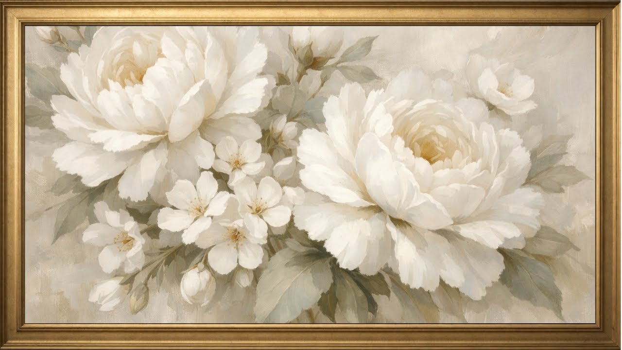 Elegant 4K Floral TV Frame Art: 3 Hours of Soft White Peonies | Romantic Vintage Screensaver