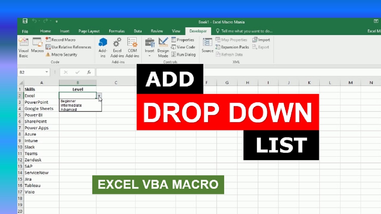 Добавить выпадающий список в макрос Excel VBA
