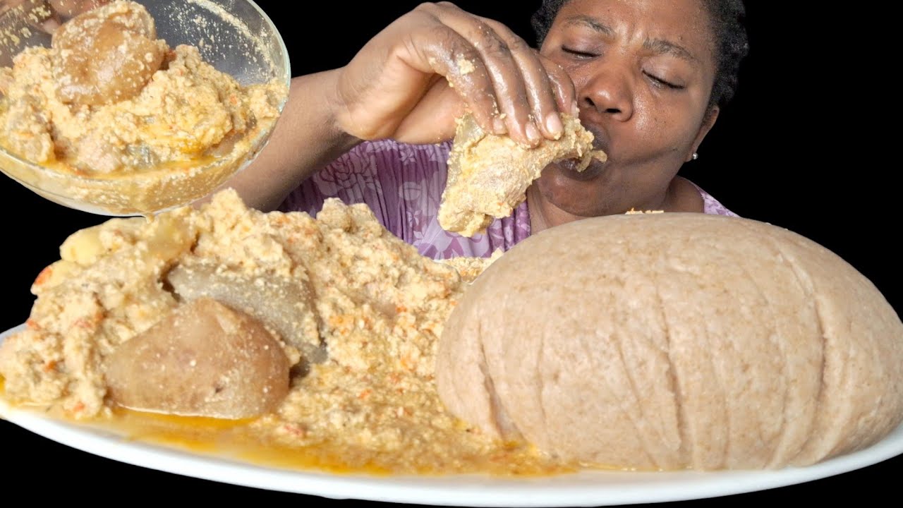 African food mukbang/ Cook and eat with me egusi pepper soup & wheat fufu mukbang ( eating Sound)