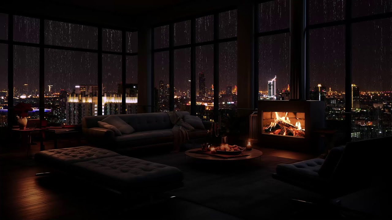 Dark Room Comfort: City Rain and Fireplace Sounds for Deep Relaxation 🌧️🔥
