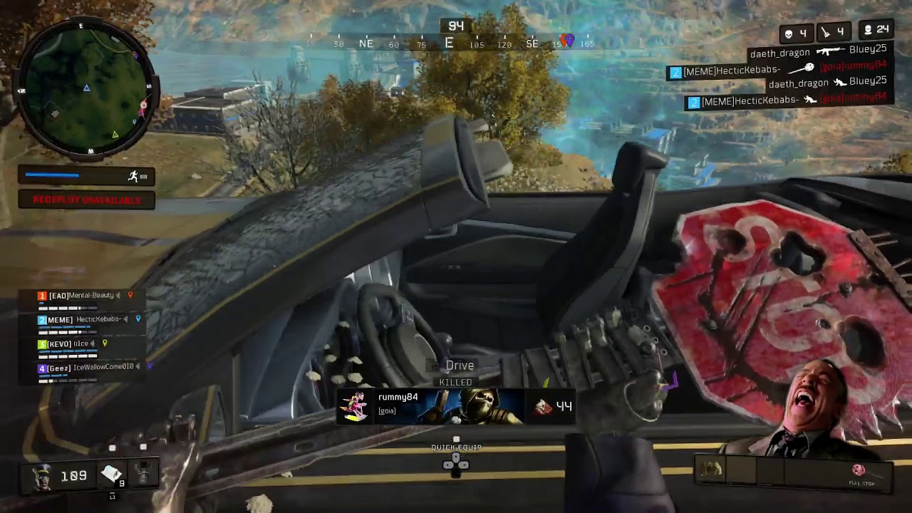 Blackout Win with flaming car and a stop sign