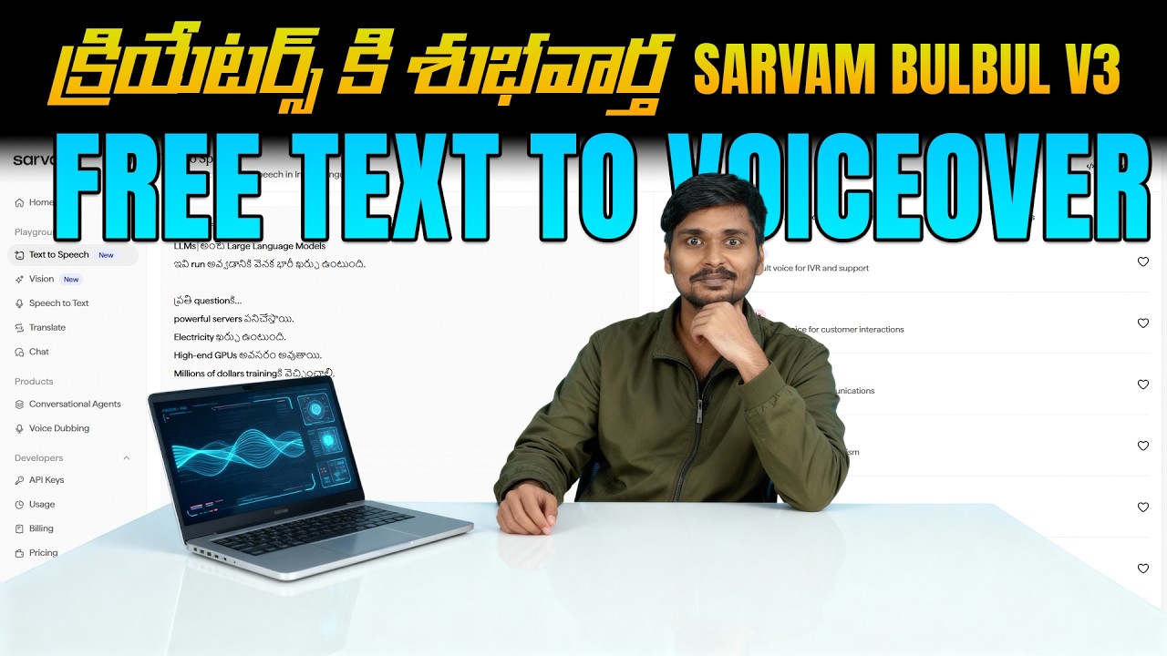 Free Text to Voiceover in Telugu - Sarvam Bulbul V3 -AI Telugu
