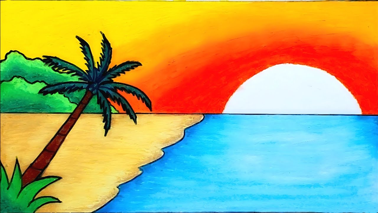 Menggambar Pemandangan | Cara Menggambar Pemandangan Matahari Terbenam Yang Indah di Pantai