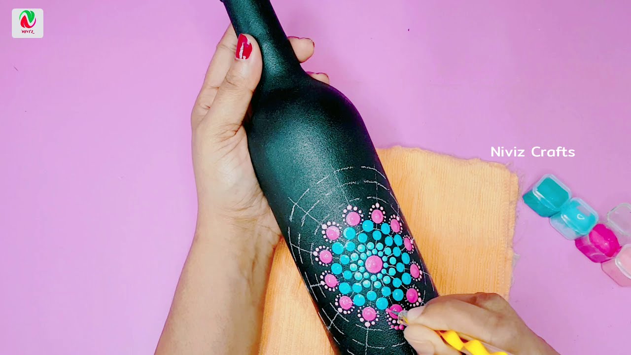 Easy Mandala Art | Dot Painting Mandala | How To Design Empty Bottle | Bottle Art | Niviz  Ep 122