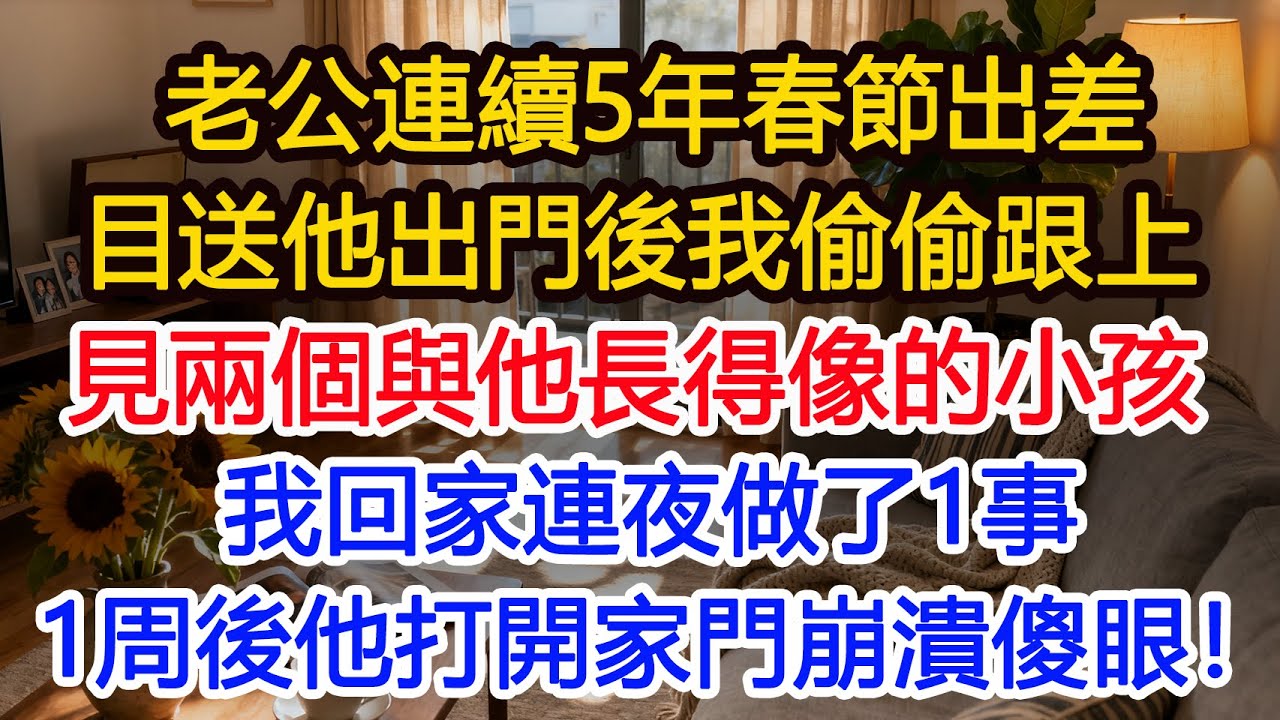 老公連續5年春節出差，目送他出門後我偷偷跟上，直到看到兩個與他長得像的小孩，我回家連夜做了1事，1周後他打開家門崩潰傻眼！#為人處世 #正能量 #故事分享 #生活經驗 #情感