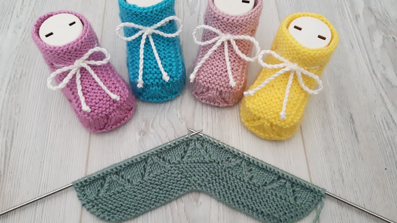 İki Şişle Ajurlu Bebek Patiği Yapımı / Knitting Baby Socks Booties DIY Pattern Design