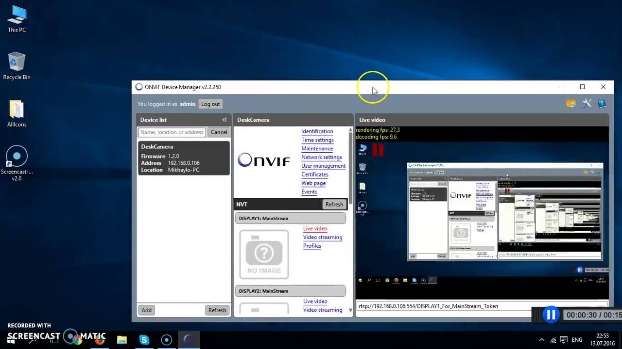 Multiple channels mode. DeskCamera streams PC desktop and webcam as Onvif.