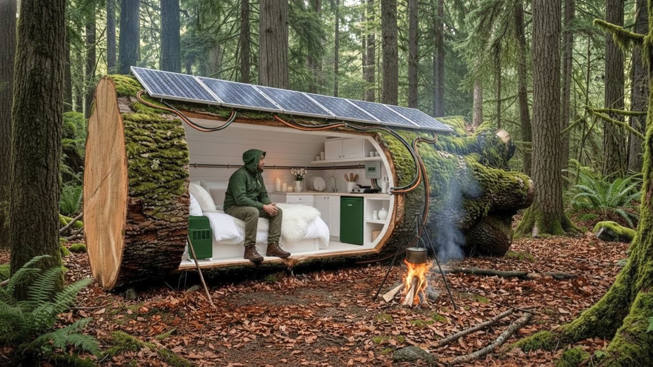 BUILDING A FOREST HOUSE (ASMR) – A MAN BUILDS A TINY HOME INSIDE A TREE TRUNK ALL BY HIMSELF