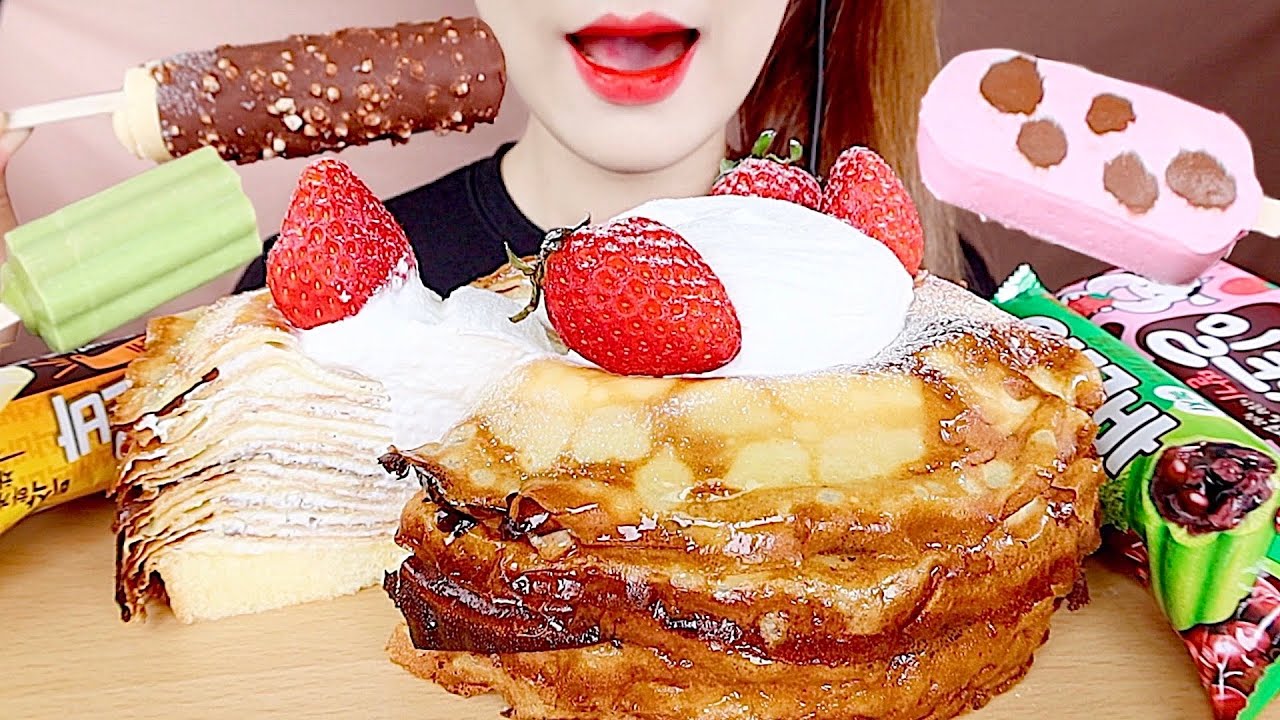 ASMR MILK CREPE CAKE, ICE CREAM MUKBANG 밀크 크레이프 케이크, 신상 아이스크림 먹방 eating sounds