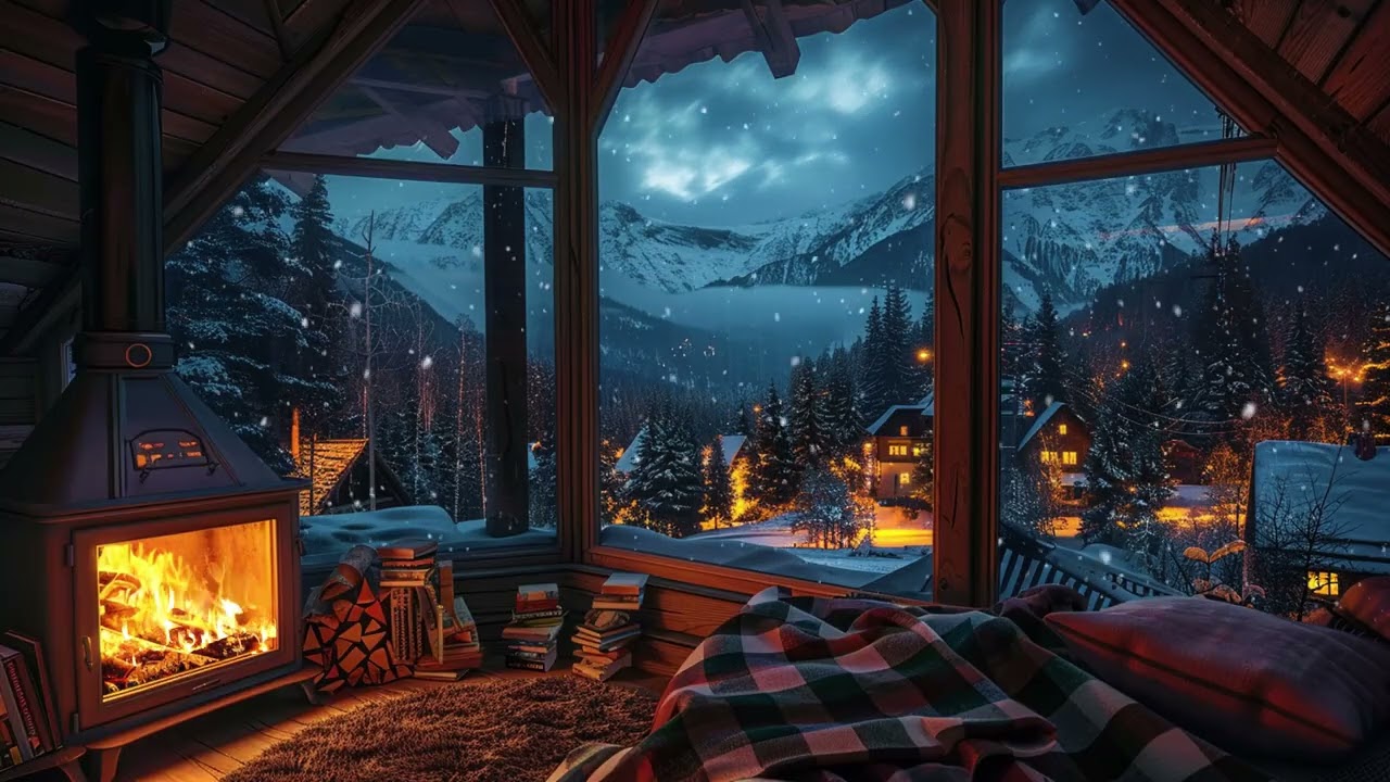 Serene Winter Cabin Ambience | Crackling Fireplace Sounds with Snowy Night for Stress-Free Sleep