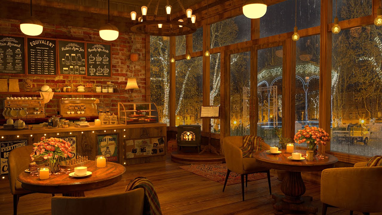 Romantic Night Jazz at Cozy Coffee Shop 4K 🍂 Jazz Music to Relax/Study/Work to