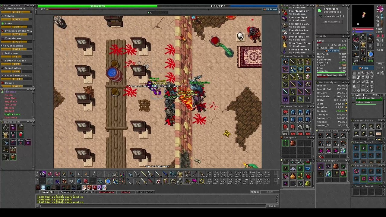 TIBIA WHERE TO HUNT VIDEO 250+ (GAFFIR COBRAS) 2.4KK RAW EXP 3.5KK 150% 500K+ PROFIT PER HOUR