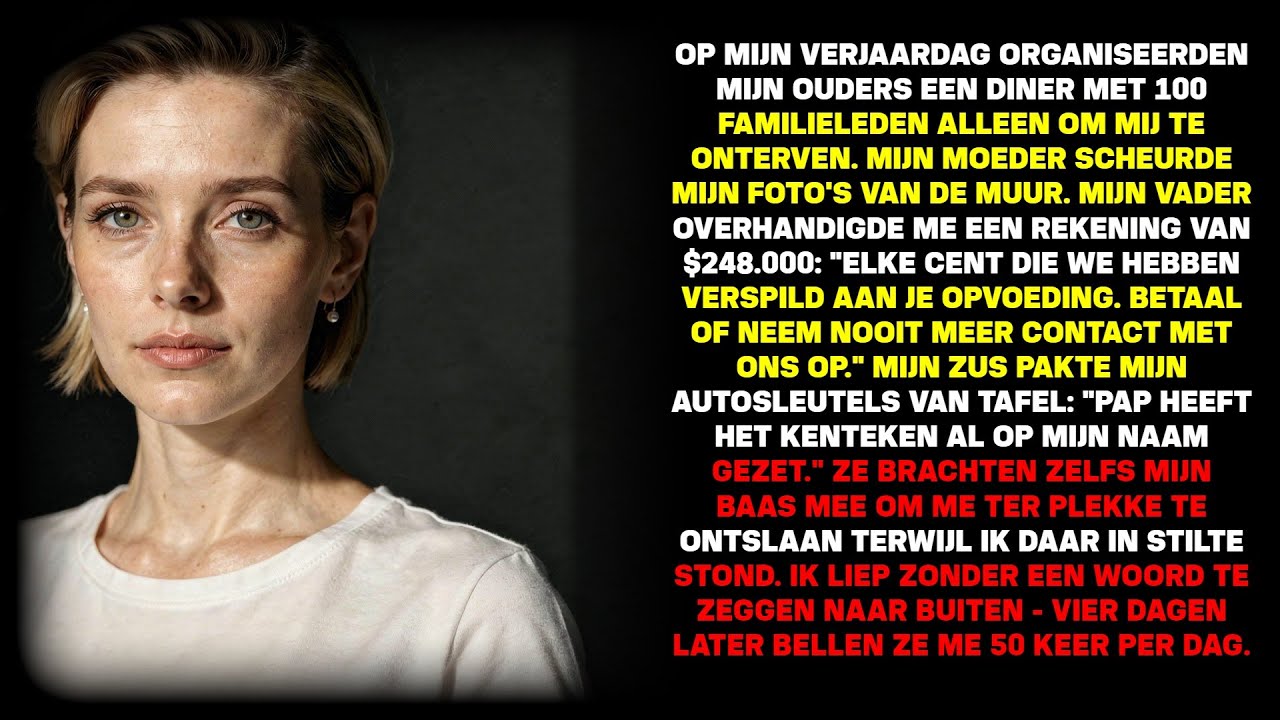 Op mijn verjaardag hielden mijn ouders een diner met 100 familieleden om me publiek te verstoten…