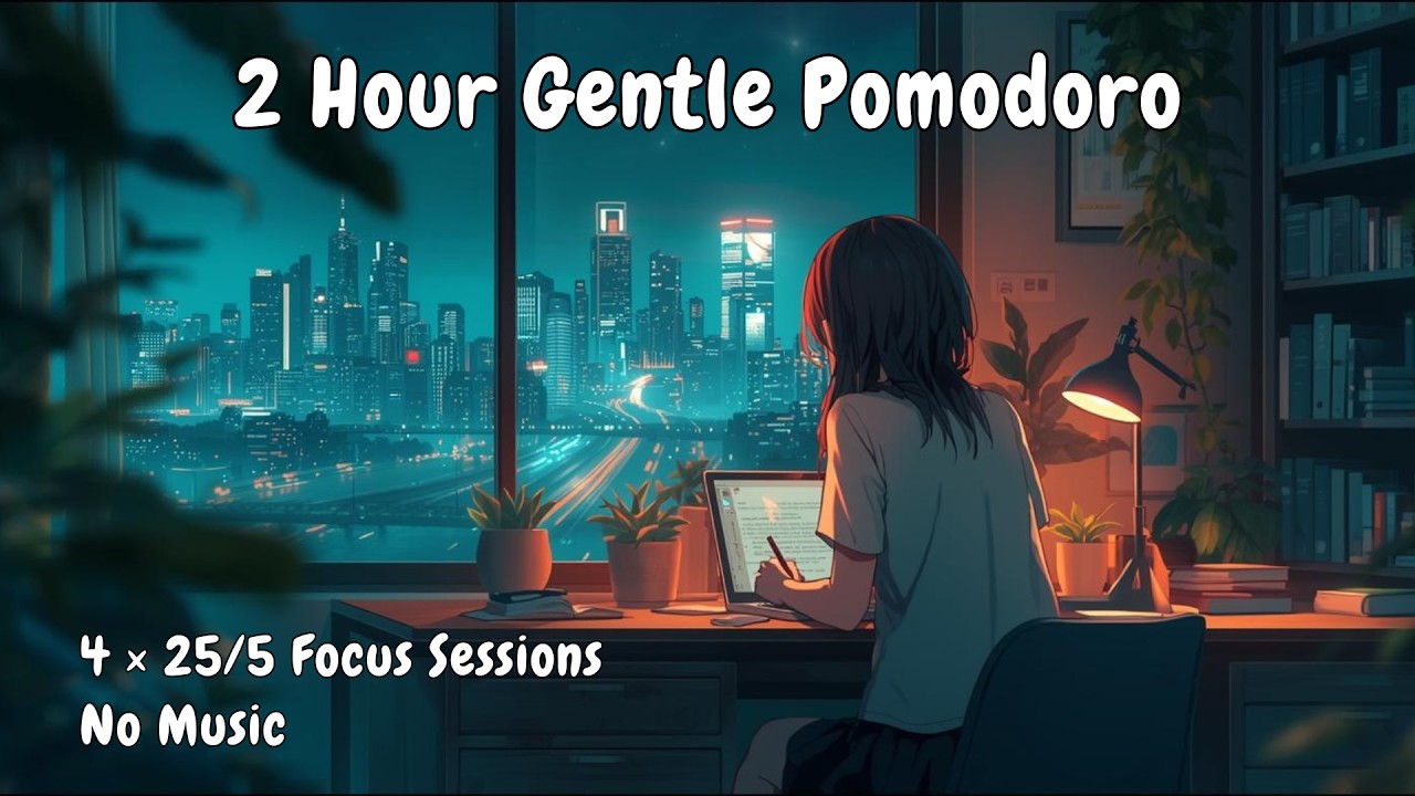 2-Hour Pomodoro Timer (4×25/5) | Your Quiet Study Companion | No Music