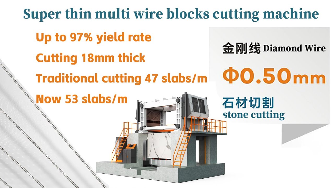 Super thin multi wire stone blocks cutting machine,18mm thick can cut 53 slabs/m,1 more bundle slabs