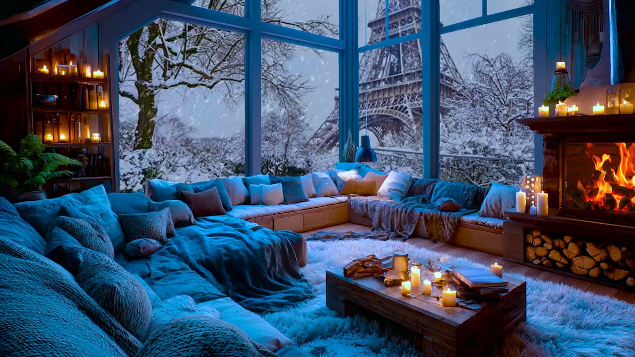 Cozy Living Room Ambience ❄ Snowstorm Outside for Deep Sleep