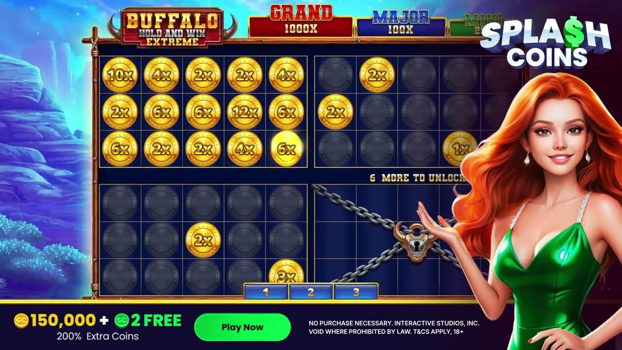 #1 Online Slot at Splash Coins 🦬 Buffalo Hold & Win Extreme [Free Play Preview]