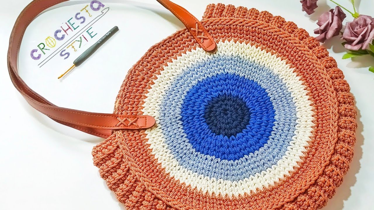 شنطة كروشيه كتف دائريه علي شكل عين بخيط المكرمية بيد جلد للبحر/ bag crochet tas rajutan Bolsa