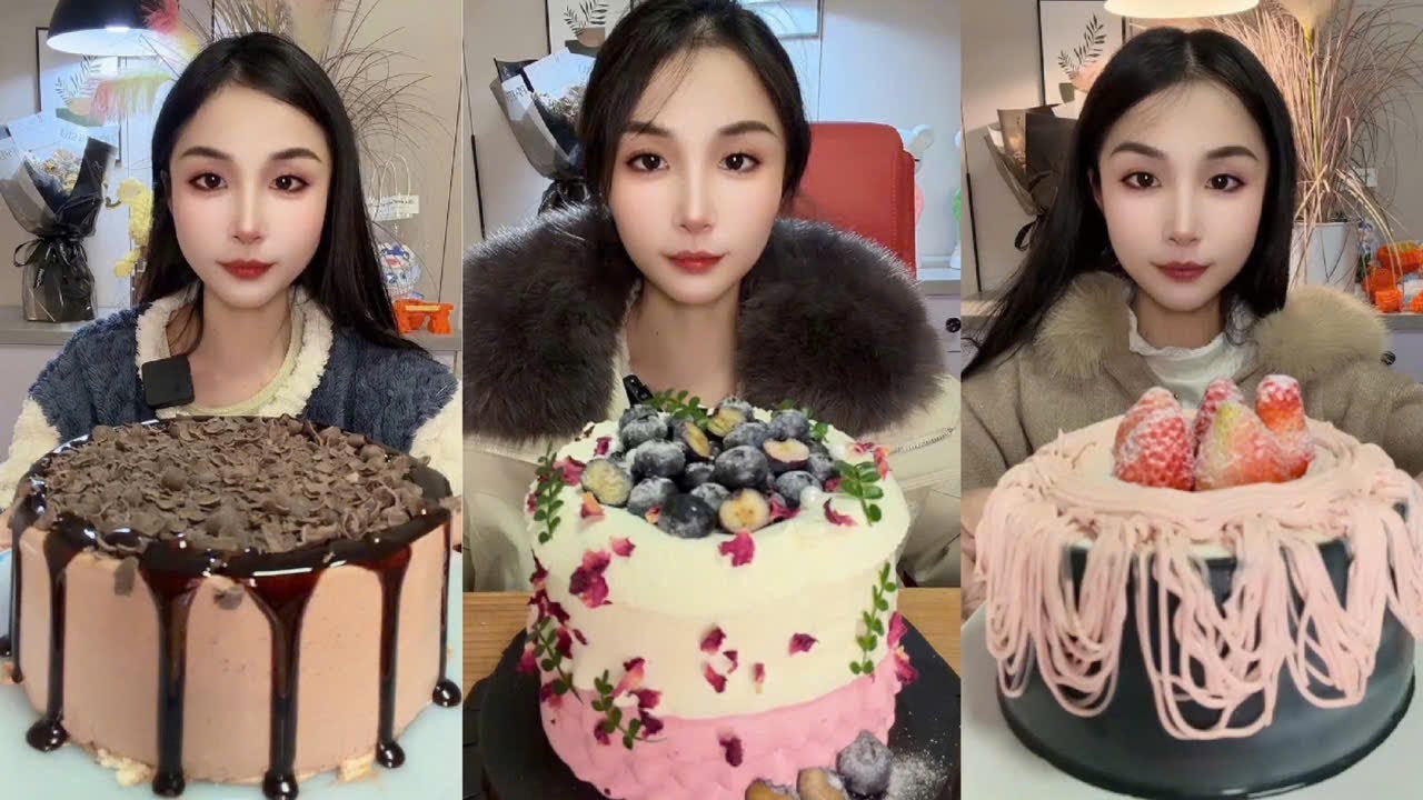 Eat Cherry, Strawberry, and Chocolate Cream Cake, Challenge Eating Fruit Cream Cake