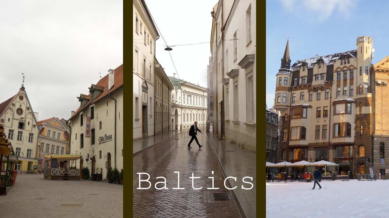 4k walking tour in Baltic states capitals - Vilnius, Tallinn and Riga. Pov through old town streets.