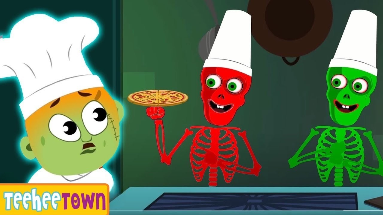 Five Skeletons Baking Pizza At A Party | Spooky Scary Songs By Teehee Town