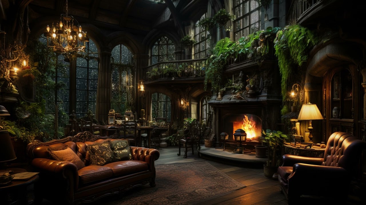 Whispering Rainstorm & Rolling Thunder, Relaxing Fireplace - Mesmerizing Castle Ambience for Sleep