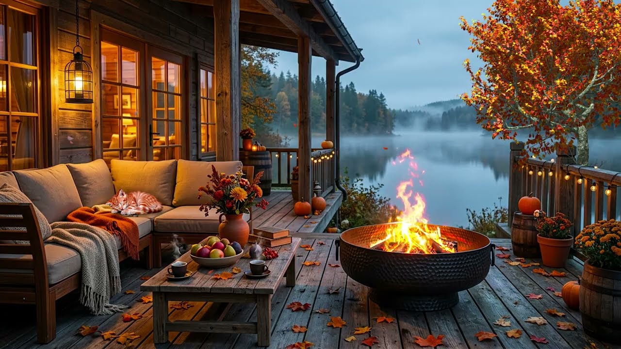 Уютный Осенний Домик На Берегу Озера | Потрескивающий Камин И Нежный Шум Озерных Волн Для Глубоко...