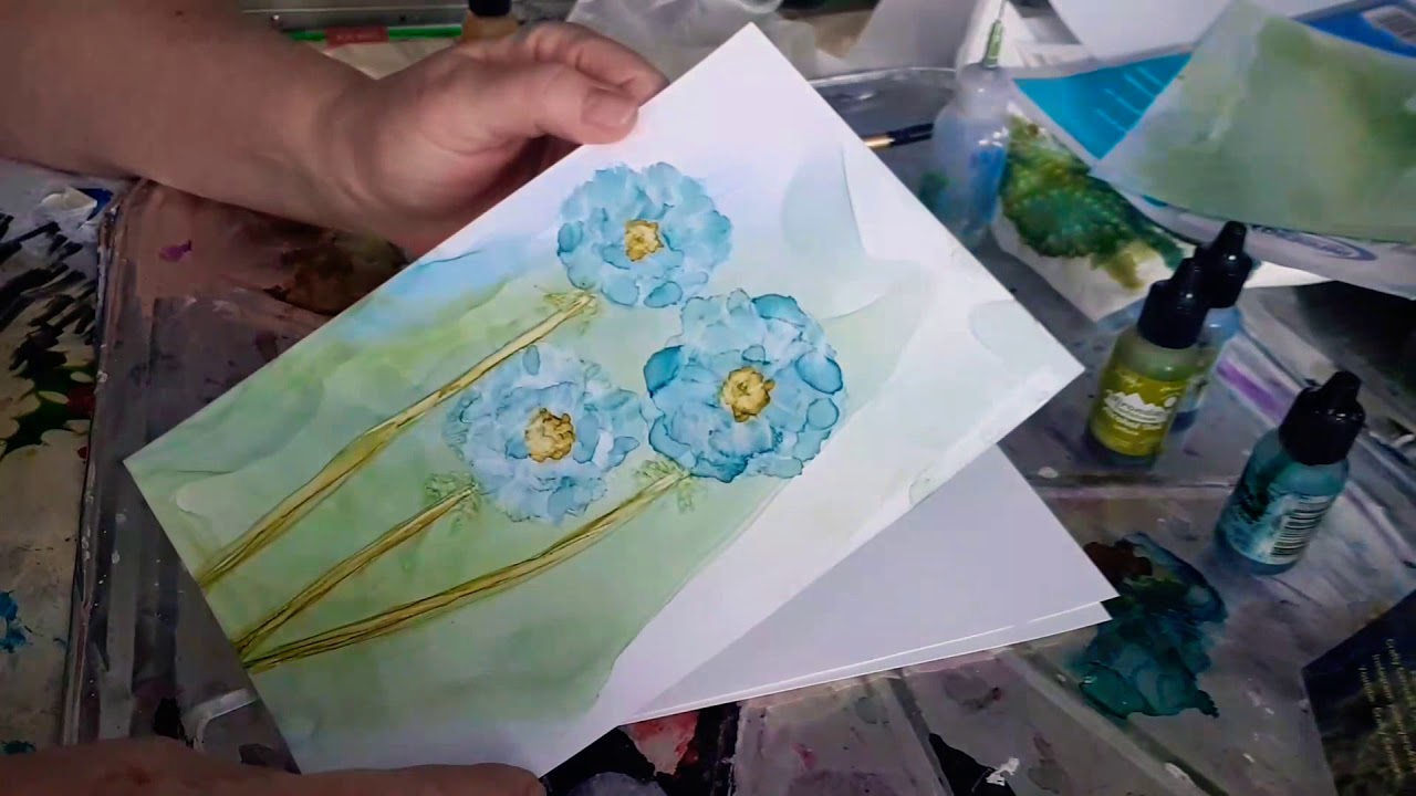 Alcohol ink flowers, rolling paintbrush technique
