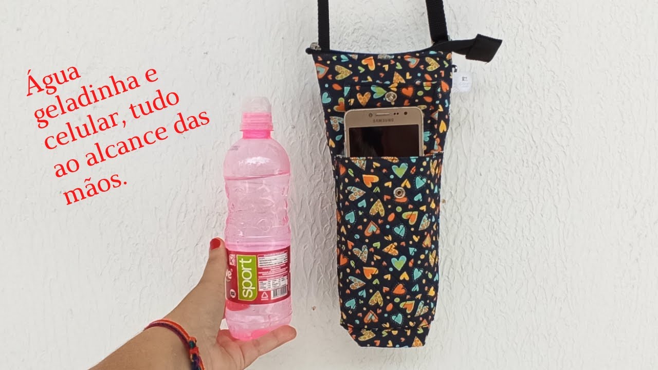 Porta garrafa de água térmico com bolso para celular ou chave.