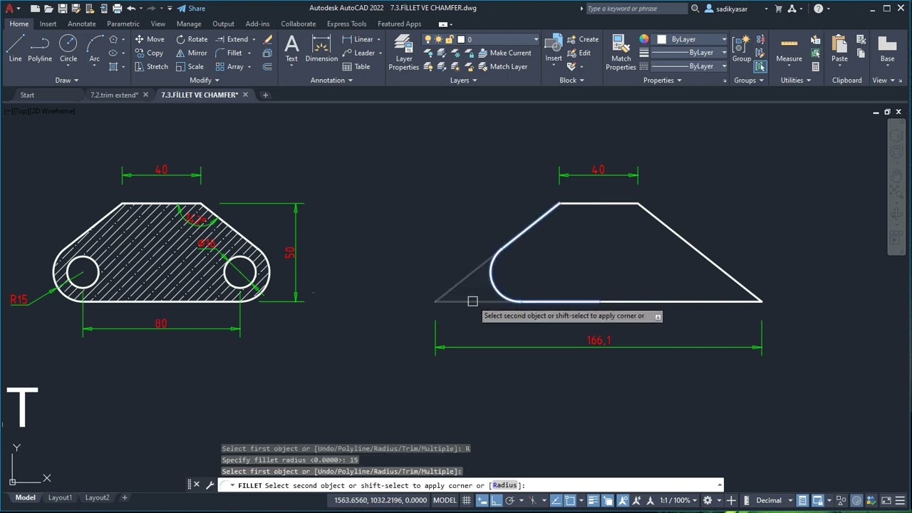 AutoCAD fillet ve chamfer komutları-7.bölüm-3.ders