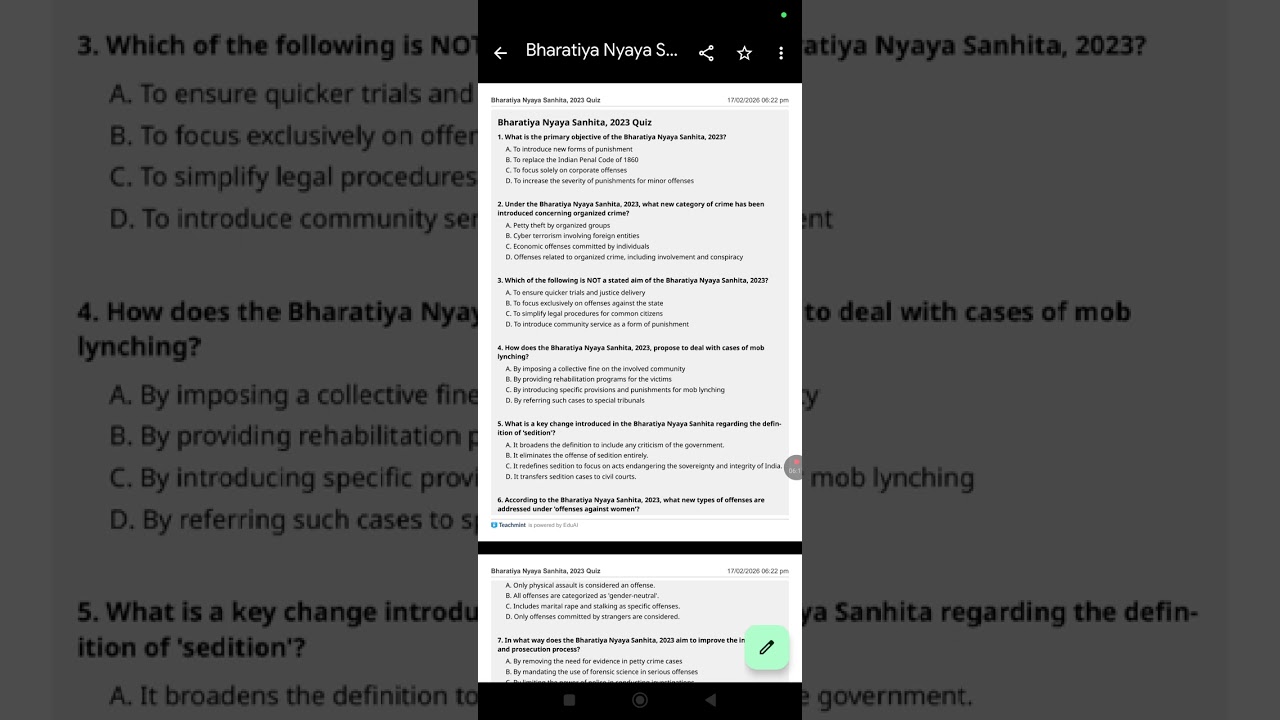 General quiz on Bharatiya Nyaya Sanhita, 2023 
