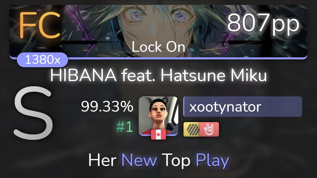 [8.23⭐] xootynator | DECO*27 - HIBANA feat. Hatsune Miku [Lock On] 1st +HDHR FC 99.33% {#1 807pp FC}