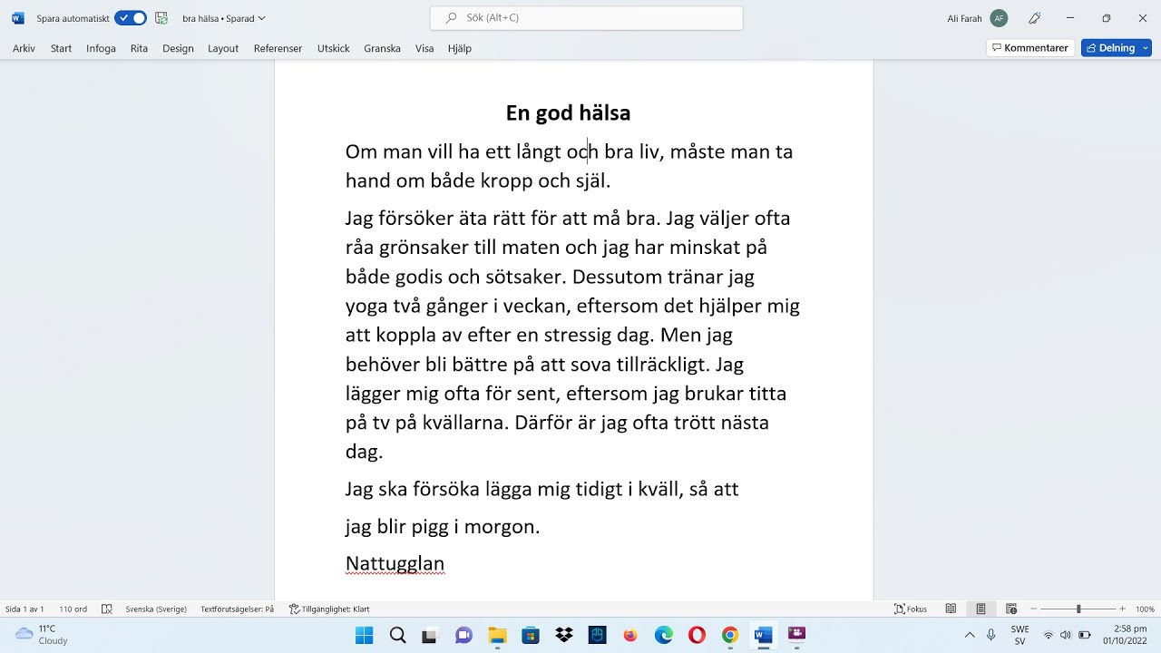 Att ha en god hälsa - موضوع سويدي عن الصحة