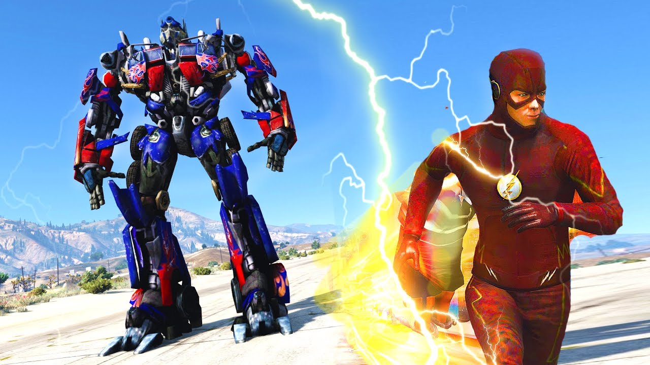 FLASH VS OPTIMUS PRIME - GTA 5 TRANSFORMERS & FLASH MOD!!!