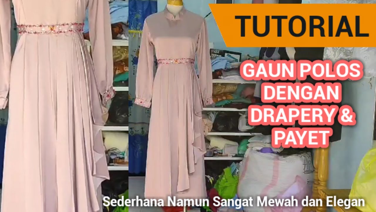 Gaun Polos Dengan Drapery dan payet Yang Mewah & Elegan