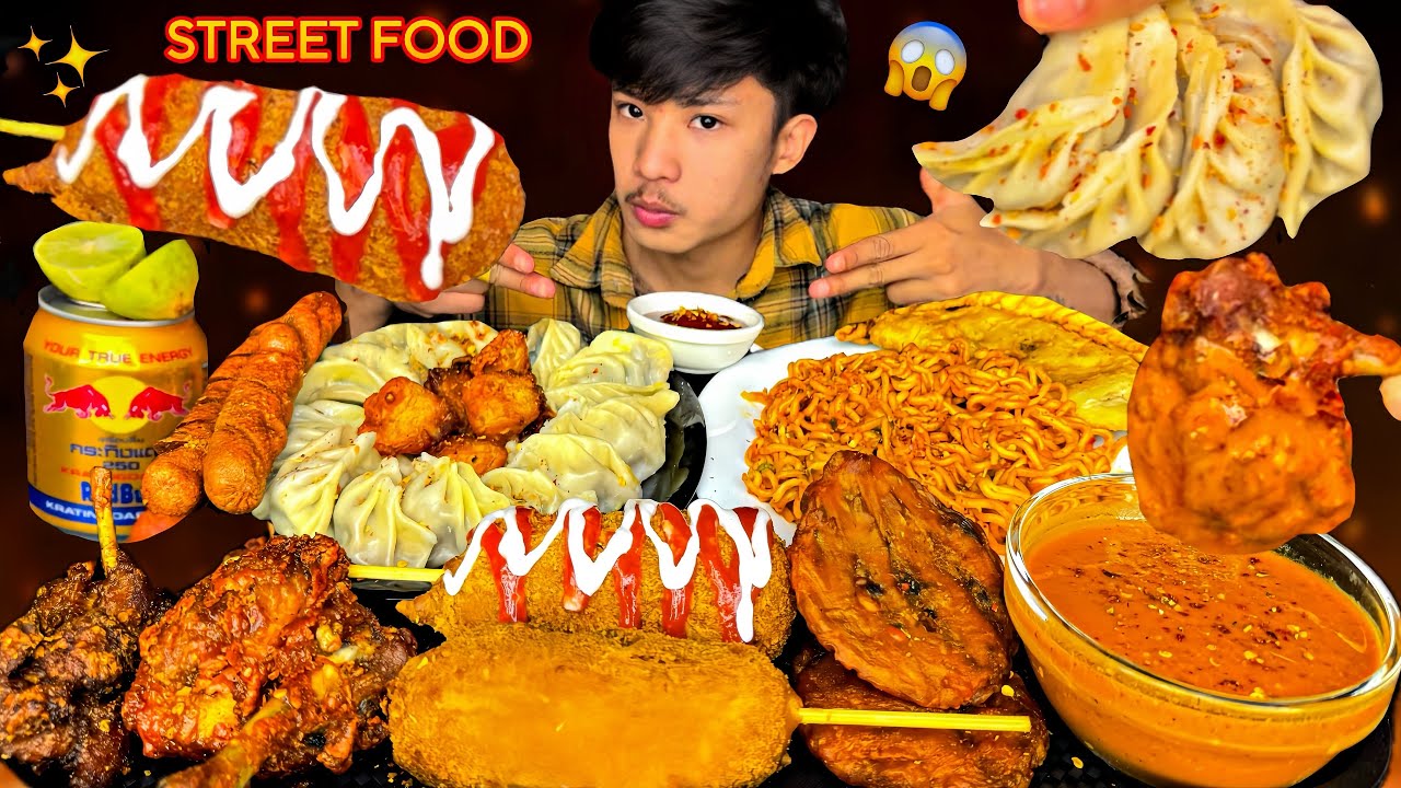 Cheesy CornDog, Spicy Noodles, Chicken Lolipop, Buff Momo, Syafaley With Spicy Achar | MUKBANG