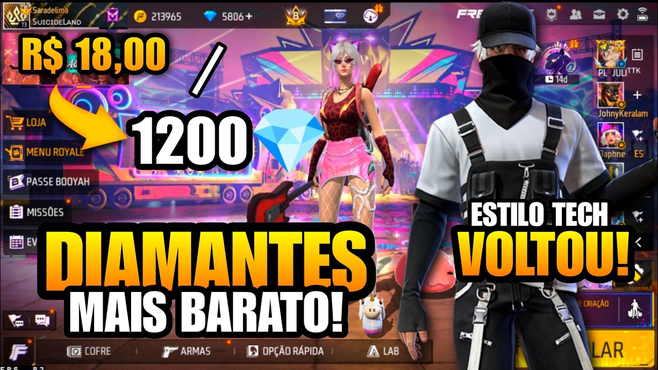 CORRE! 1200 DIMAS POR 18 REAIS, ESTILO TECH DE VOLTA, SALA MISSÕES  CARNAVAL NOVIDADES FREE FIRE