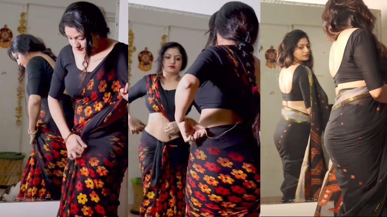 Black Saree Back Pose Lover Saree Draping style Beautiful Navel show Back Pose 🥰