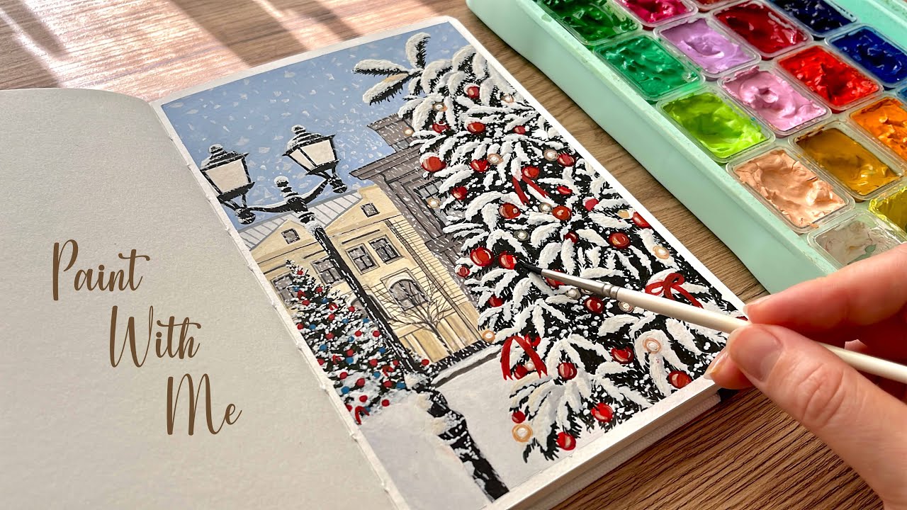 Christmas Landscape Painting/  etchr Sketchbook and Brush Set Review🌿 Jelly Gouache