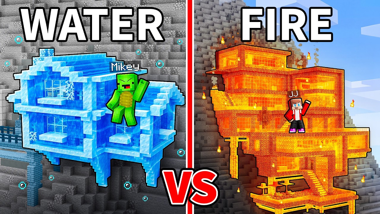 JJ and Mikey: ELEMENTAL MOUNTAIN HOUSE BATTLE in Minecraft - Maizen