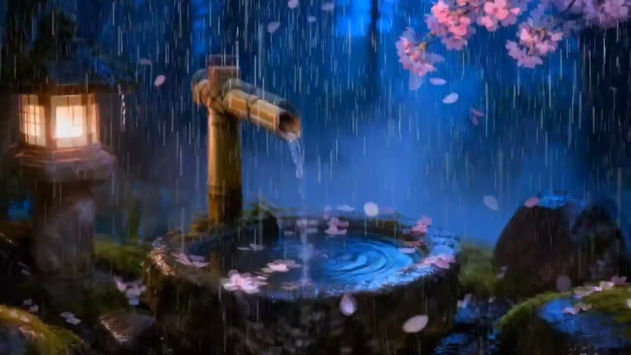Peaceful Night Rain and Gentle Piano in a Zen Garden | Deep Sleep Calm