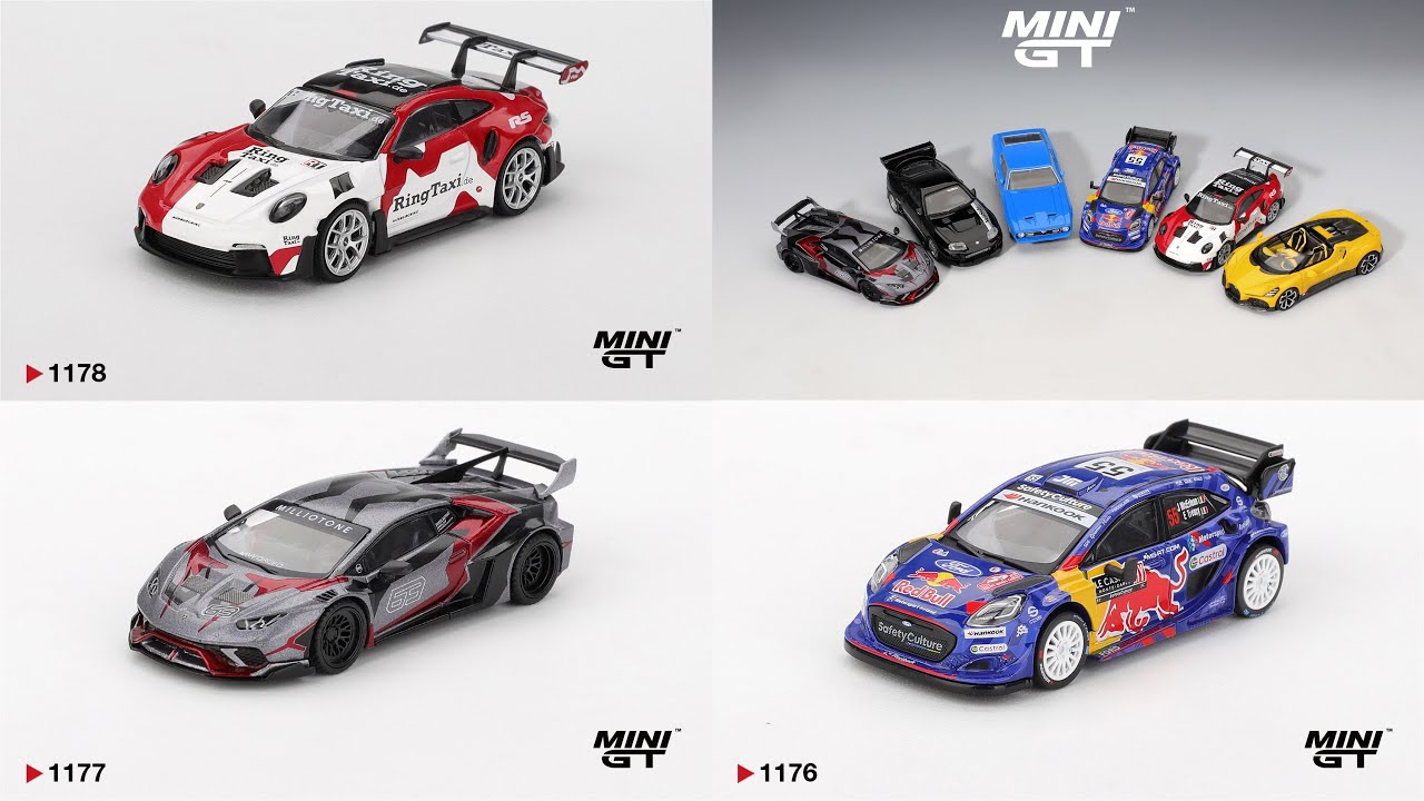 Mini GT News | Porsche 911 GT3 Ring Taxi, Huracan, Toyota Supra, Bugatti Mistral Ford Puma & Mustang