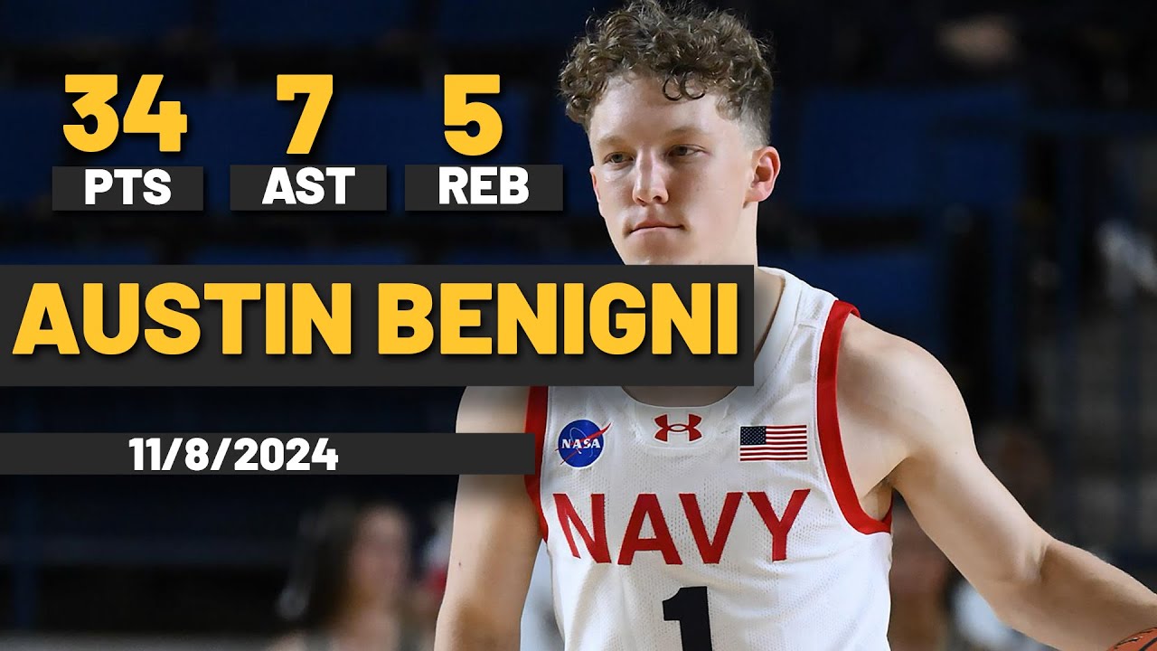 Austin Benigni Navy Midshipmen 34 PTS 7 AST 5 REB vs Harvard Crimson