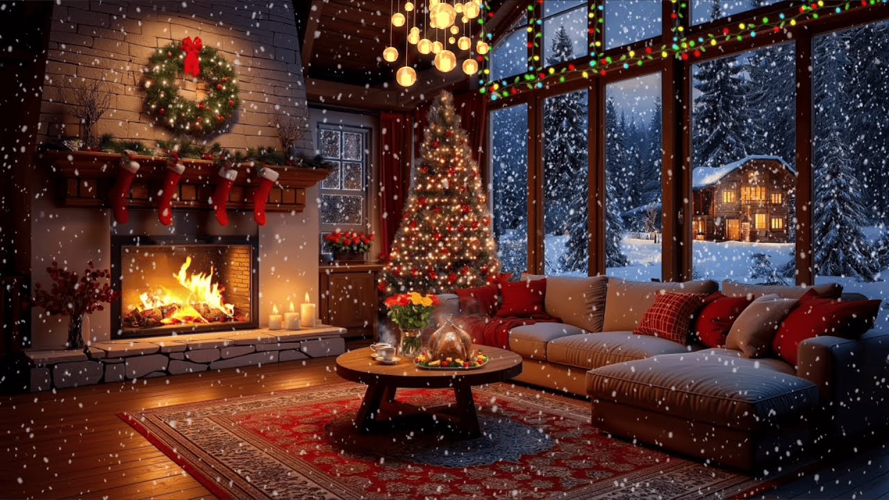 Warm Winter Fireplace Ambience ❄️ - Relaxing Piano Jazz Music - Snowfall for Sleep, Study & Relax